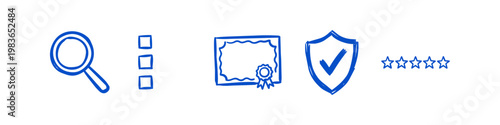 Hand-drawn blue icons representing business evaluation steps: search, selection, certification, security, and rating. Clean doodle style on white background for quality assurance concepts.