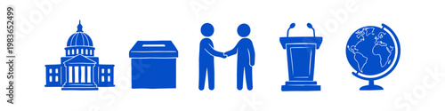 Blue flat icons representing politics and democracy, featuring a capitol building, ballot box, handshake, podium, and globe. Ideal for government, election, and global diplomacy concepts.