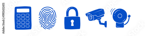 Blue security icon set featuring a keypad, fingerprint, padlock, surveillance camera, and alarm bell on a white background. Perfect for concepts of protection and safety.