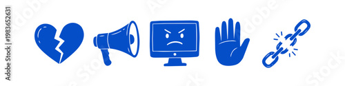 Blue hand-drawn icon set representing cyberbullying and online harassment, featuring a broken heart, megaphone, angry screen, stop gesture, and broken chain on white background.