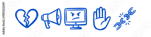 Set of hand-drawn blue icons representing cyberbullying and digital toxicity. Includes broken heart, megaphone, angry computer, stop hand, and broken chain on a white background.