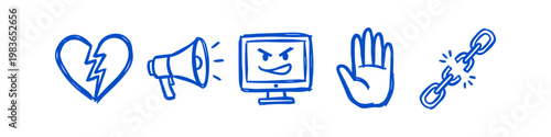 Hand-drawn blue icons representing cyberbullying and online harassment: broken heart, megaphone, angry computer screen, stop hand, and broken chain. Simple minimalist doodle style on white.