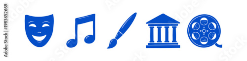 Set of blue arts and culture icons including a theatre mask, music note, paintbrush, museum building, and film reel. Ideal for creative projects, media, and educational content.