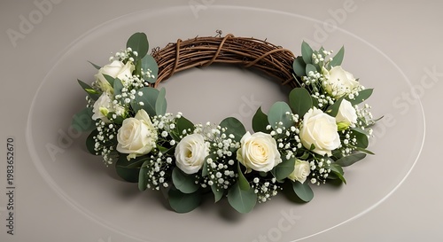 A circular wreath of white roses, baby's breath, and eucalyptus on a textured grey surface