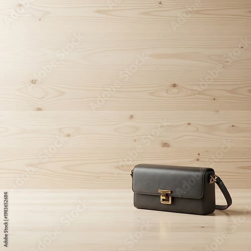 A charcoal grey rectangular shoulder bag with gold hardware on a wooden surface