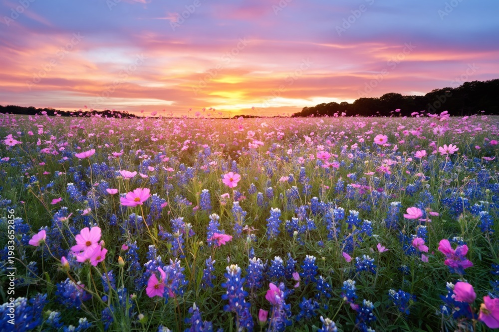 Obraz premium Colorful Flowers Bloom in a Field During Sunset in a Bright Sky