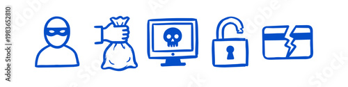 Hand-drawn blue doodle icons representing cybercrime and security breaches, featuring a burglar, money bag, malware monitor, unlocked padlock, and broken credit card.
