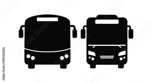 Two front views of black buses are presented against a white background showcasing distinct designs and a bold silhouette high quality professional detailed modern