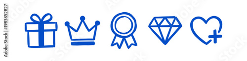 Set of hand-drawn blue icons including a gift box, crown, prize ribbon, diamond, and heart with a plus symbol. Minimalist doodle style vector for rewards, loyalty programs, and achievements.