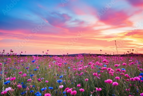 Colorful Flowers Bloom in a Field During Sunset in a Bright Sky