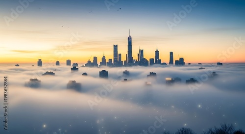 A city skyline emerges from a thick blanket of fog at sunrise