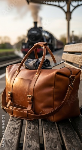 A classic brown leather duffel bag sits on a wooden bench at a train station, with a steam locomotive in the background