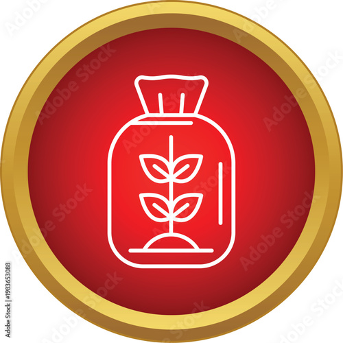 Agricultural fertilizer bag nourishing a growing plant within a red circle icon
