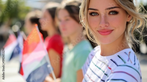Young Woman Holds American Flag at Outdoor Event During Daytime in a Public P...