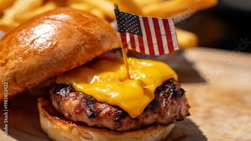 Juicy Burger With Bacon, Cheese, and Small Flag Served at Outdoor Food Stand ...