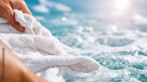 Person Holding a Towel Near Clear Water Under Bright Sunlight at the Beach