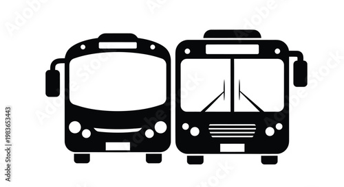 Two black city buses are depicted facing opposite directions against a stark white background a simple silhouette high quality professional detailed modern elegant stylish