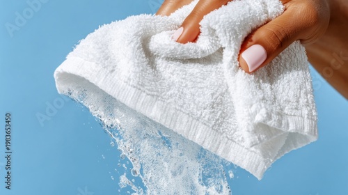 Cleaning Cloth Being Squeezed With Water in a Bright Blue Setting During Daytime