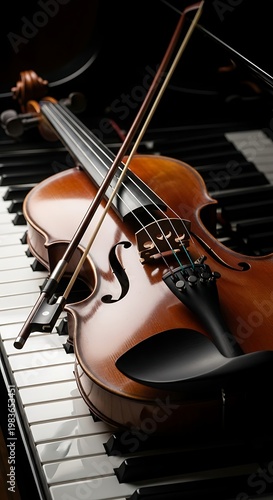 A classical violin rests across a grand piano keyboard in dramatic lighting