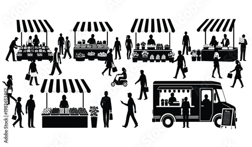 A bustling outdoor farmers market scene depicts vendors shoppers and a food truck all rendered as a striking silhouette high quality professional detailed modern