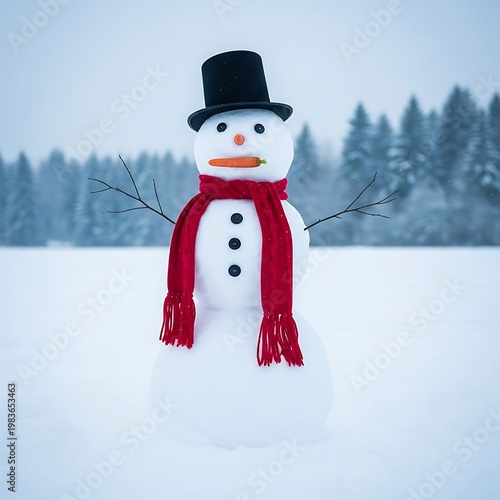 A classic snowman with a top hat, scarf, and carrot nose stands in a snowy field