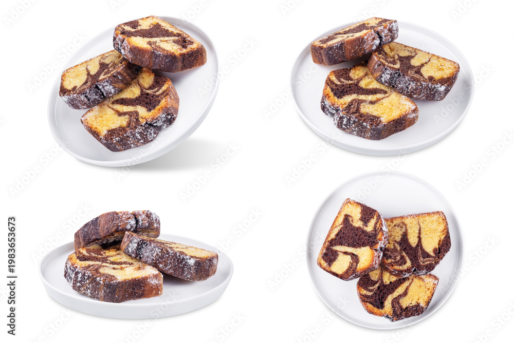 Fototapeta premium Chocolate vanilla cake in a plate on a white isolated background