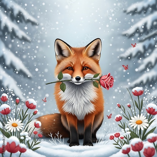 A charming fox sits in a snowy forest, holding a red rose
