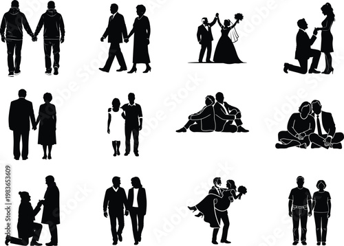 Couple silhouettes romantic dance proposal wedding celebration and everyday togetherness scenes.