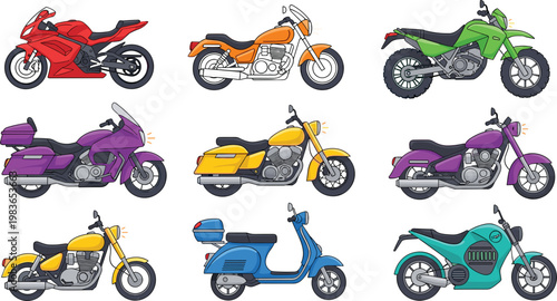 Diverse Motorcycle and Scooter Icon Set Featuring Sportbikes, Cruisers, Touring Bikes, Dirt Bikes, Classic Mopeds, and Modern Electric Motorbikes for Transport and Lifestyle Designs