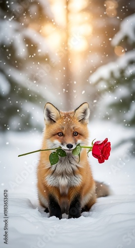 A charming fox sits in snow, holding a red rose, with sunlit trees behind