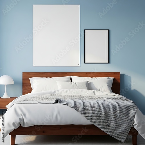 A clean, minimalist bedroom with a made bed, two empty frames, and a lamp