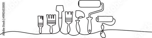 continuous line of brushes and paint rollers. single line drawing of wall coloring equipment. one line Icon drawing