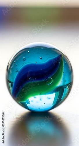 A clear blue glass sphere with swirling green and dark blue patterns inside