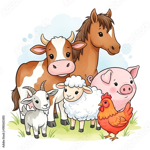 A charming group of farm animals cow, horse, pig, goat, sheep, chicken