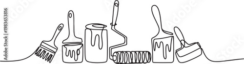 continuous line of brushes and paint rollers. single line drawing of wall coloring equipment. one line Icon drawing