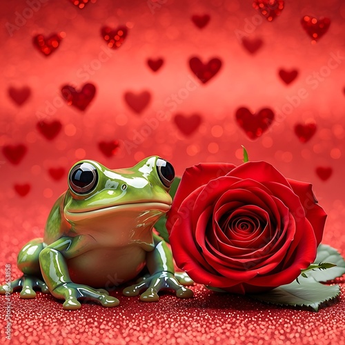 A charming green frog sits beside a vibrant red rose, surrounded by sparkling hearts