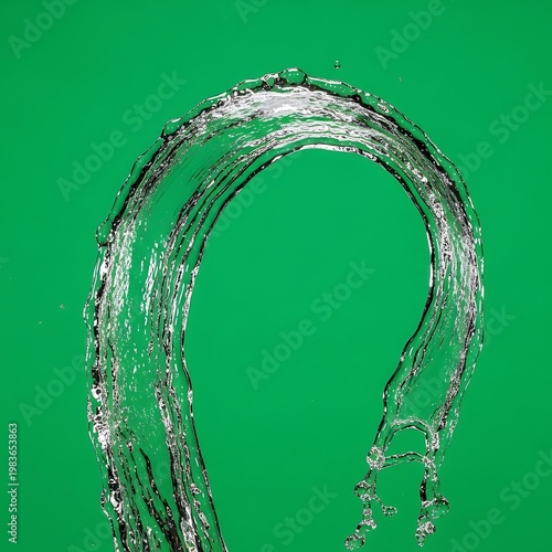 A clear, curved arc of water splashes dynamically against a vibrant green background