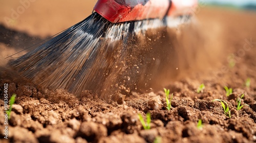 Gardening Activity Taking Place in Field With Young Plants Growing in Soil Du...