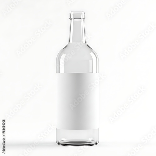 A clear glass bottle with a white label, set against a white background