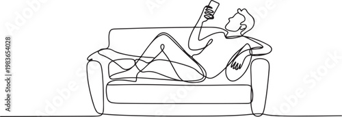 man relaxing, playing with cellphone sitting on the sofa. enjoying holidays. one line Icon drawing