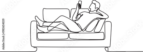 man relaxing, playing with cellphone sitting on the sofa. enjoying holidays. one line Icon drawing
