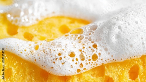 Bubbles Forming on a Yellow Sponge While Washing Dishes in a Kitchen Sink Dur...