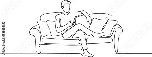 man relaxing, playing with cellphone sitting on the sofa. enjoying holidays. one line Icon drawing