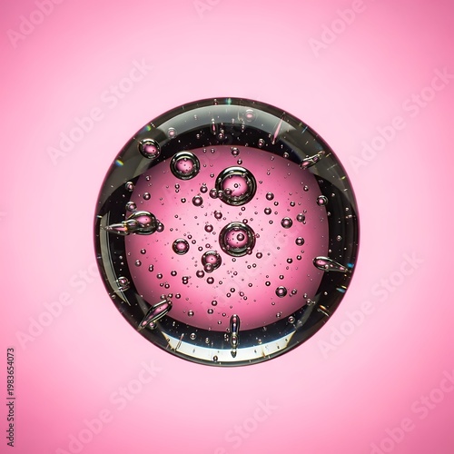 A clear glass orb with trapped pink bubbles on a soft pink background