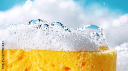 Bright Yellow Sponge With Bubbles in Clear Water During Daytime Near a Sink