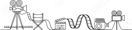 continuous line of film making process.one line drawing of shooting process. single line of filming activity. one line Icon drawing