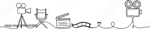 continuous line of film making process.one line drawing of shooting process. single line of filming activity. one line Icon drawing