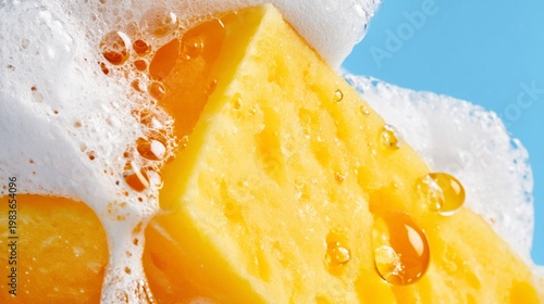 Bright Yellow Sponge With Bubbles in Clear Water During Daytime Near a Sink