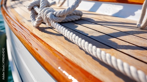 Sailing Rope Tied on a Wooden Deck During Sunny Weather on a Boat in the Water