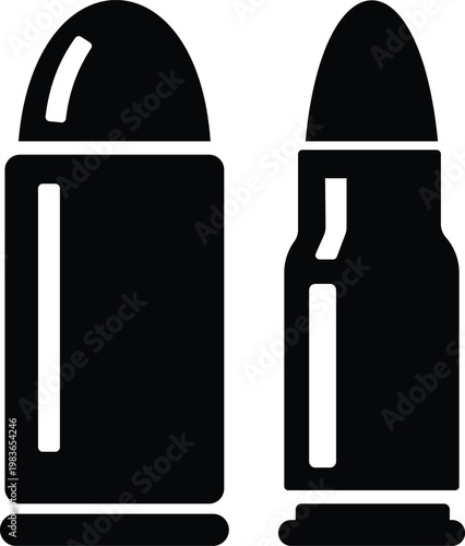 Bullet ammunition cartridge icon in black flat and line style vector illustration, ammo shell caliber symbol pack minimal outline design, shooting supply elements